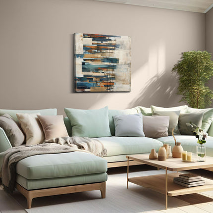 Canvas schilderij woonkamer Abstract Kunstwerk met Blauwe, Bruine en Beige Kleuren