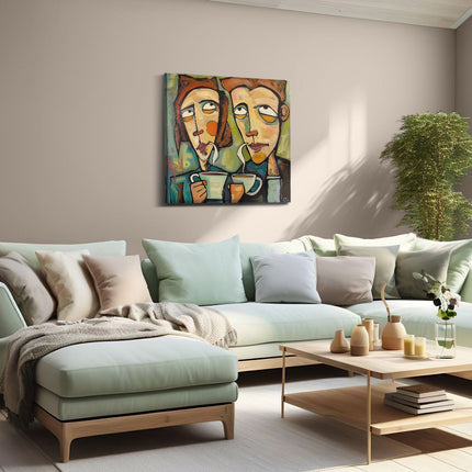 Canvas schilderij woonkamer Twee Mensen die Koffie Drinken