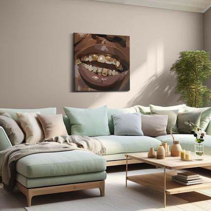 Canvas schilderij woonkamer Man die Lacht met Gouden Beugels op zijn Tanden