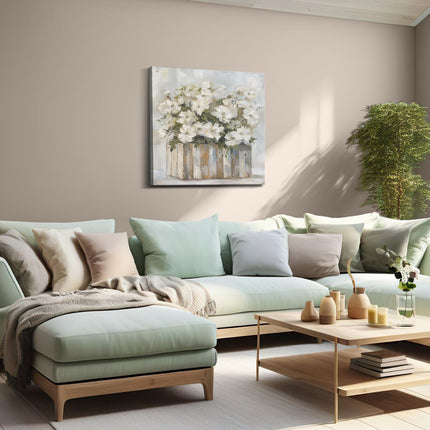 Canvas schilderij woonkamer Witte Bloemen in een Houten Kist