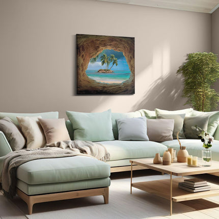 Canvas schilderij woonkamer Grot met Uitzicht op de Oceaan en Palmbomen