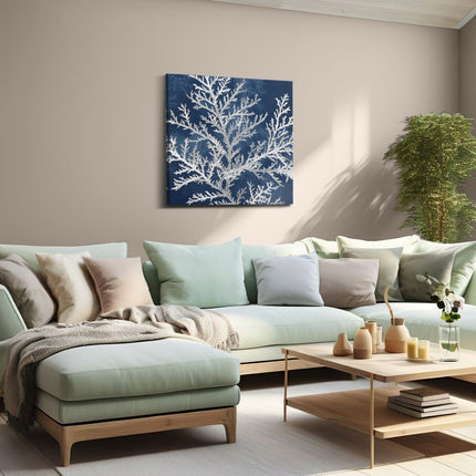 Canvas schilderij woonkamer Afbeelding van een Boom met Witte Takken op een Blauwe Achtergrond