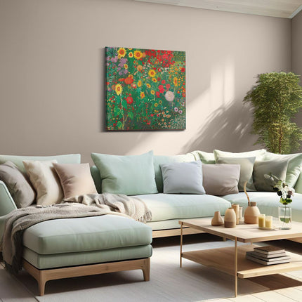 Canvas schilderij woonkamer Kunstwerk van een Tuin met Zonnebloemen en andere Bloemen