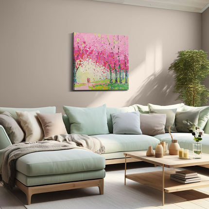 Canvas schilderij woonkamer Kunstwerk van een Stel dat door Roze Bloeiende Bomen loopt