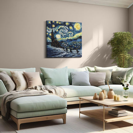 Canvas schilderij woonkamer Kunstwerk van een Sterrennacht met Mensen op Ski's
