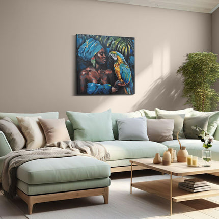 Canvas schilderij woonkamer Kunstwerk van een Vrouw met een Papegaai