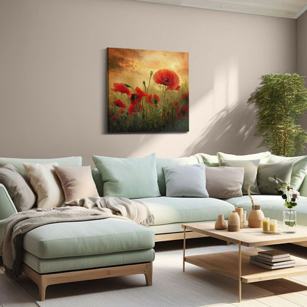 Canvas schilderij woonkamer Rode Papavers in een Veld bij Zonsondergang