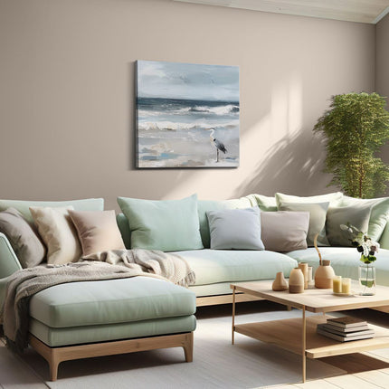 Canvas schilderij woonkamer Kunstwerk van een Reiger op het Strand