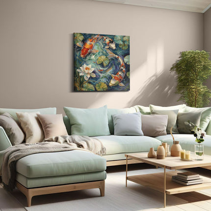 Canvas schilderij woonkamer Drie Koivissen in een Vijver met Waterlelies