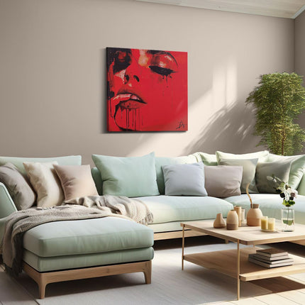 Canvas schilderij woonkamer Kunstwerk van een Vrouw met Rode Verf op haar Gezicht