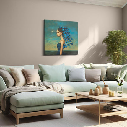Canvas schilderij woonkamer Vrouw met Blauwe Vlinders op haar Hoofd