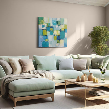 Canvas schilderij woonkamer Abstract Kunstwerk met Blauwe, Groene en Gele Vierkanten