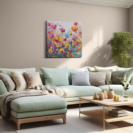 Canvas schilderij woonkamer Kleurrijke Bloemen in een Veld
