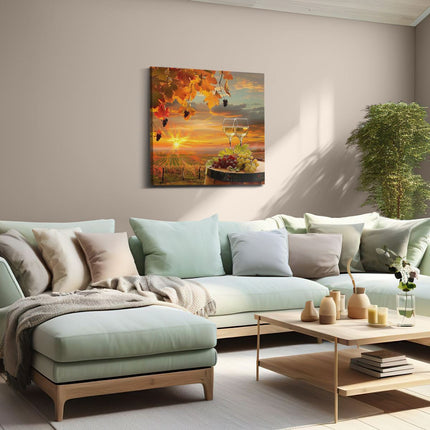 Canvas schilderij woonkamer Twee Glazen Wijn en Druiven op een Vat bij Zonsondergang