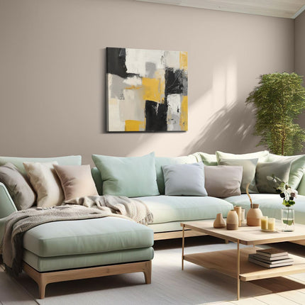 Canvas schilderij woonkamer Abstract Kunstwerk met Gele, Zwarte en Witte Vierkanten