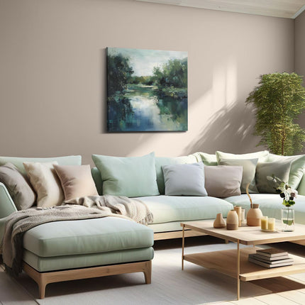 Canvas schilderij woonkamer Kunstwerk van een Rivier Omgeven door Bomen