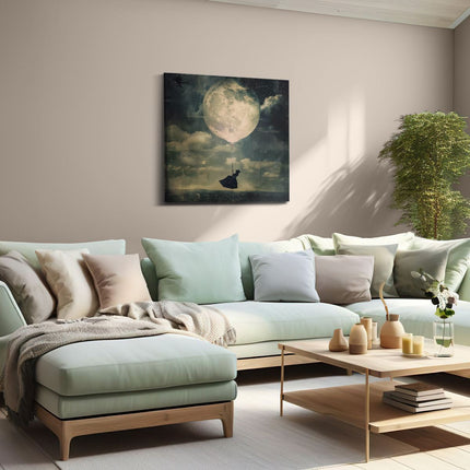 Canvas schilderij woonkamer Vrouw Vliegt een Ballon over de Maan