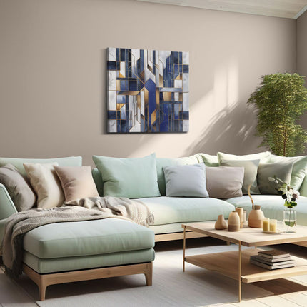 Canvas schilderij woonkamer Blauw en Goud Geometrisch Patroon op een Witte Achtergrond