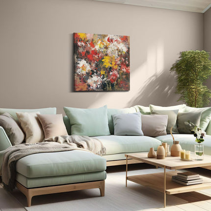 Canvas schilderij woonkamer Rode, Gele en Witte Bloemen in een Vaas