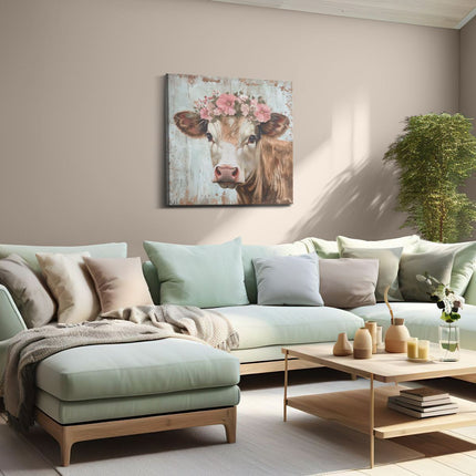Canvas schilderij woonkamer Koe met Bloemen op haar Hoofd