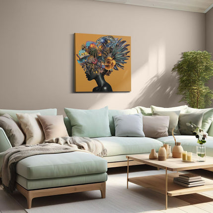 Canvas schilderij woonkamer Het Hoofd van de Vrouw zit Vol Kleurrijke Veren