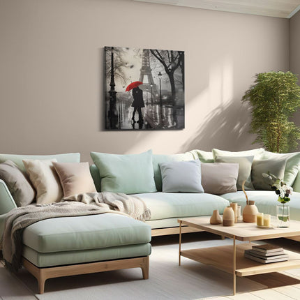 Canvas schilderij woonkamer Paar dat een Paraplu in de Regen Houdt Dichtbij de Eiffeltoren