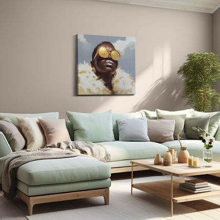 Canvas schilderij woonkamer Vrouw met Gouden Zonnebril en een Bontjas