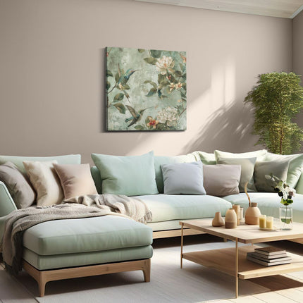 Canvas schilderij woonkamer Kolibries en Bloemen op een Groene Achtergrond