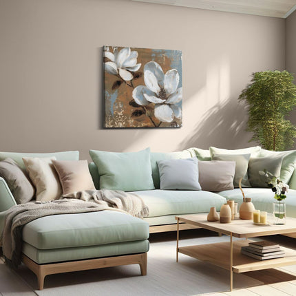 Canvas schilderij woonkamer Twee Witte Bloemen op een Bruine Achtergrond