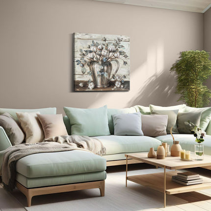 Canvas schilderij woonkamer Kunstwerk van Bloemen in een Zilveren Kan op een Houten Tafel