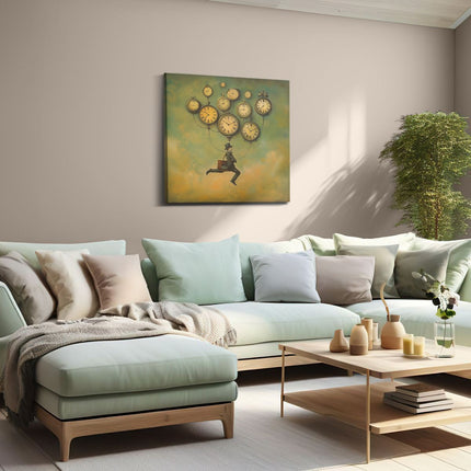 Canvas schilderij woonkamer De Mens Vliegt door de Lucht met Klokken aan Hem Vastgemaakt