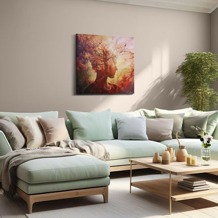 Canvas schilderij woonkamer Vrouwenhoofd met een Boom op de Achtergrond