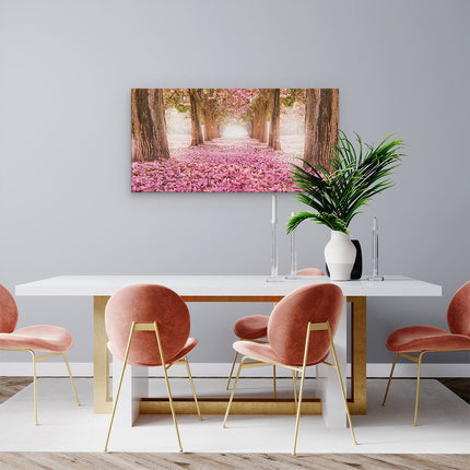 Canvas schilderij woonkamer Romantische Bomen Tunnel Met Roze Anjers
