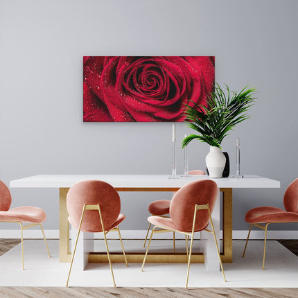 Canvas schilderij woonkamer Rode Roos Met Waterdruppels - Bloem