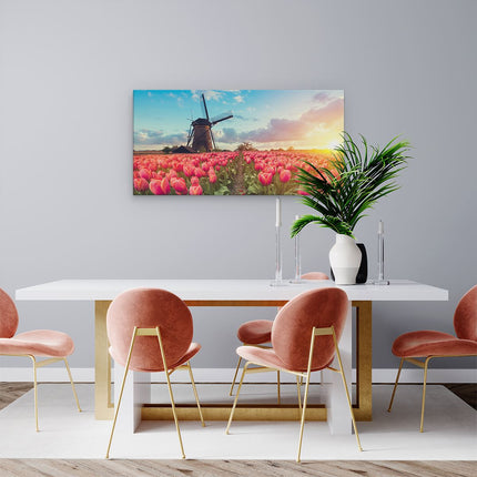 Canvas schilderij woonkamer Roze Tulpen Bloemenveld - Met Windmolen