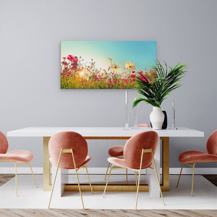 Canvas schilderij woonkamer Kosmos Bloemenveld Met Een Opkomende Zon