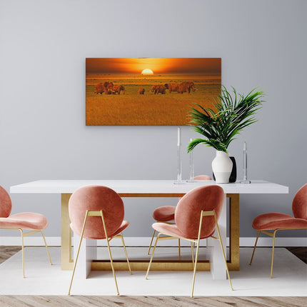 Canvas schilderij woonkamer Olifanten In Het Wild - Zonsondergang