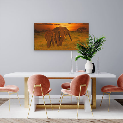 Canvas schilderij woonkamer Olifanten In Het Wild - Zonsondergang