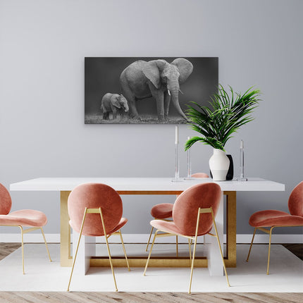 Canvas schilderij woonkamer Olifant Moeder En Zoon - Zwart Wit