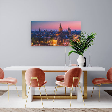 Canvas schilderij woonkamer Amsterdam Skyline Bij Zonsondergang 