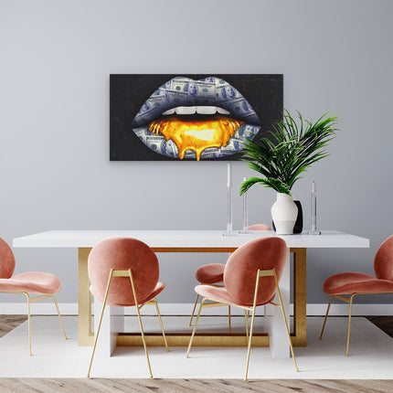 Canvas schilderij woonkamer Dollar Lippen Met Goud