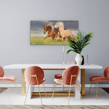 Canvas schilderij woonkamer Bruin En Wit Paard In De Wei