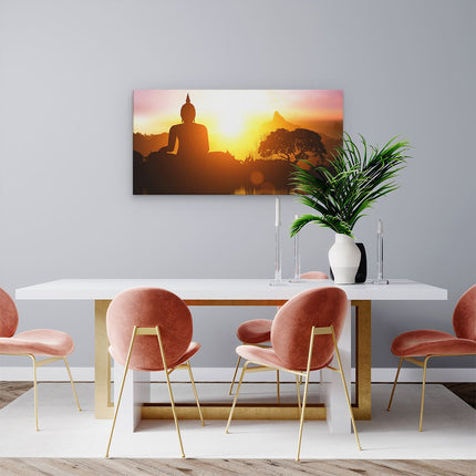 Canvas schilderij woonkamer Silhouet Van Boeddha Beeld Met Zonsondergang