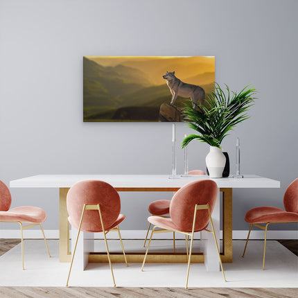 Canvas schilderij woonkamer Wolf Op Een Rots Met Een Heuvel Landschap
