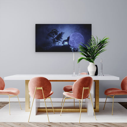 Canvas schilderij woonkamer Huilende Wolf In Silhouet Bij Volle Maan