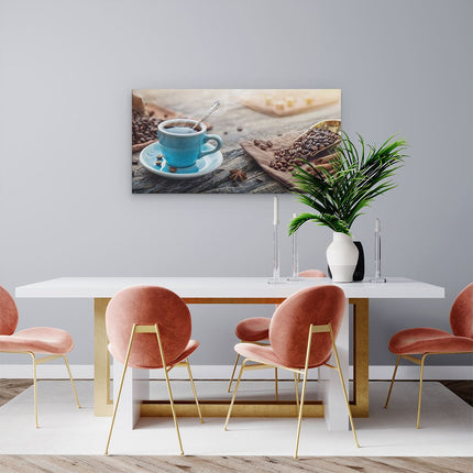 Canvas schilderij woonkamer Blauw Kopje Koffie Met Koffiebonen