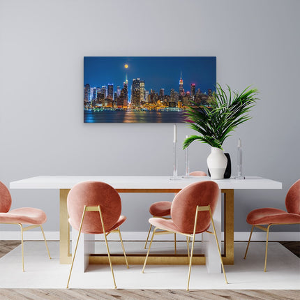 Canvas schilderij woonkamer Verlichte Skyline Van New York Met Volle Maan