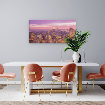 Canvas schilderij woonkamer New York Skyline Met Lichten Bij Zonsondergang