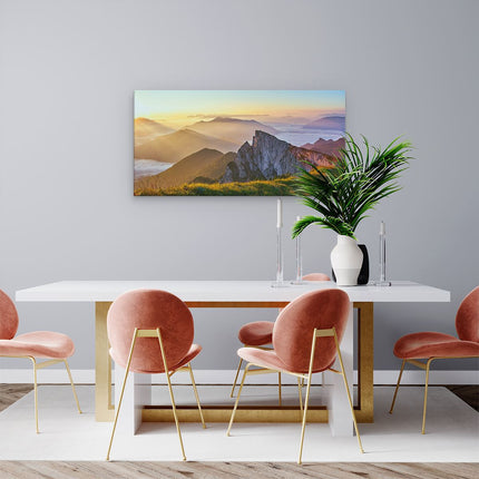 Canvas schilderij woonkamer Zonsopkomst In De Bergen In De Alpen