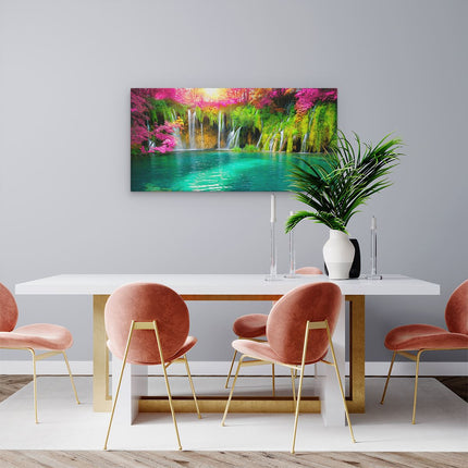 Canvas schilderij woonkamer Waterval Met Roze En Groene Bloemen